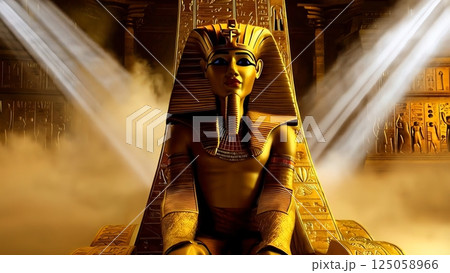 Golden tutankhamun statue resting regally on intricate throne, illuminated by piercing light amid hieroglyphic walls, surrounding mysterious smoky environment 125058966