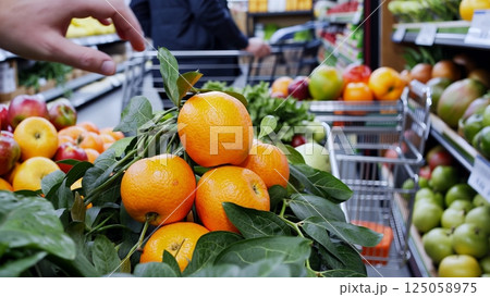 Hand selecting ripe oranges, checking freshness and color in well stocked produce aisle with bright, organized display. Buying oranges in the market 125058975