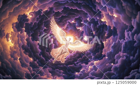 Winged ethereal entity rising through swirling purple orange cloudscape, radiating celestial luminescence and transcendent energy Winged ethereal entity rising through swirling purple orange cloudscape, radiating celestial luminescence and transcendent energy 125059000