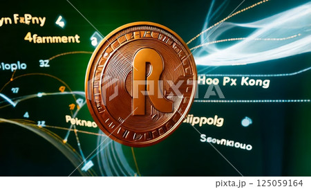 Digital coin rotating amid streaming data networks, symbolizing interconnected financial technology and virtual currency exchange in futuristic cyberspace environment 125059164