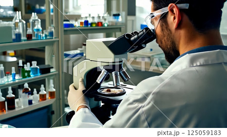 Scientific professional analyzing tissue samples, working with advanced microscope among colorful lab equipment and scientific glassware 125059183
