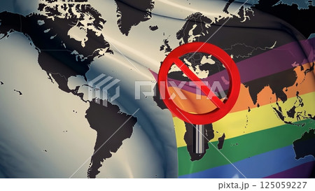 Rainbow flag overlapping red prohibition sign against global cartography, symbolizing lgbtq plus discrimination and rights suppression. Concept Prohibition of Minorities Free 125059227