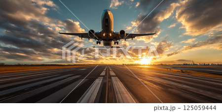 現代の飛行機が夕焼けの中を飛行、後方からの視点で旅立ちの象徴 現代の飛行機が夕焼けの中を飛行、後方からの視点で旅立ちの象徴 125059444