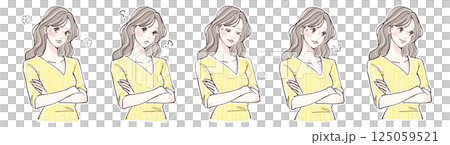 腕を組む・悩み・考える・迷い・怒りを表現する女性の表情5点イラストセット 125059521