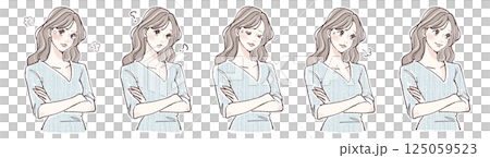 腕を組む・悩み・考える・迷い・怒りを表現する女性の表情5点イラストセット 125059523