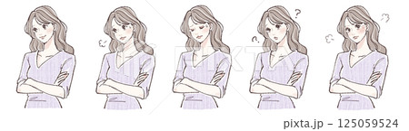 腕を組む・悩み・考える・迷い・怒りを表現する女性の表情5点イラストセット 125059524