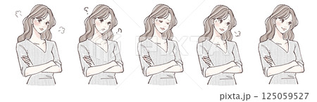 腕を組む・悩み・考える・迷い・怒りを表現する女性の表情5点イラストセット 125059527
