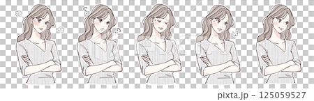 腕を組む・悩み・考える・迷い・怒りを表現する女性の表情5点イラストセット 125059527