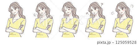 腕を組む・悩み・考える・迷い・怒りを表現する女性の表情5点イラストセット 125059528