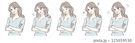 腕を組む・悩み・考える・迷い・怒りを表現する女性の表情5点イラストセット 腕を組む・悩み・考える・迷い・怒りを表現する女性の表情5点イラストセット 125059530