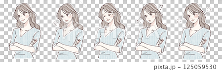 腕を組む・悩み・考える・迷い・怒りを表現する女性の表情5点イラストセット 腕を組む・悩み・考える・迷い・怒りを表現する女性の表情5点イラストセット 125059530