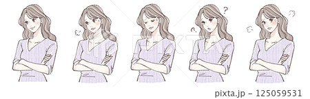 腕を組む・悩み・考える・迷い・怒りを表現する女性の表情5点イラストセット 125059531