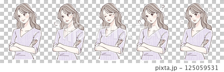 腕を組む・悩み・考える・迷い・怒りを表現する女性の表情5点イラストセット 125059531