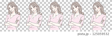 腕を組む・悩み・考える・迷い・怒りを表現する女性の表情5点イラストセット 125059532