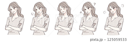 腕を組む・悩み・考える・迷い・怒りを表現する女性の表情5点イラストセット 125059533