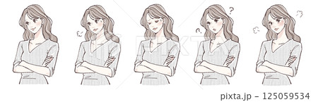 腕を組む・悩み・考える・迷い・怒りを表現する女性の表情5点イラストセット 腕を組む・悩み・考える・迷い・怒りを表現する女性の表情5点イラストセット 125059534