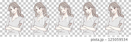 腕を組む・悩み・考える・迷い・怒りを表現する女性の表情5点イラストセット 腕を組む・悩み・考える・迷い・怒りを表現する女性の表情5点イラストセット 125059534