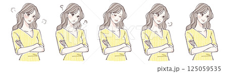腕を組む・悩み・考える・迷い・怒りを表現する女性の表情5点イラストセット 125059535
