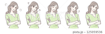 腕を組む・悩み・考える・迷い・怒りを表現する女性の表情5点イラストセット 125059536