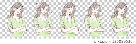 腕を組む・悩み・考える・迷い・怒りを表現する女性の表情5点イラストセット 125059536