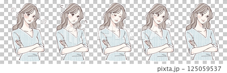 腕を組む・悩み・考える・迷い・怒りを表現する女性の表情5点イラストセット 125059537