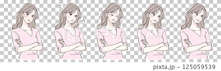 腕を組む・悩み・考える・迷い・怒りを表現する女性の表情5点イラストセット 125059539