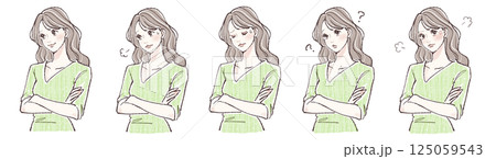 腕を組む・悩み・考える・迷い・怒りを表現する女性の表情5点イラストセット 125059543