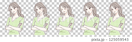腕を組む・悩み・考える・迷い・怒りを表現する女性の表情5点イラストセット 125059543