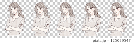 腕を組む・悩み・考える・迷い・怒りを表現する女性の表情5点イラストセット 125059547
