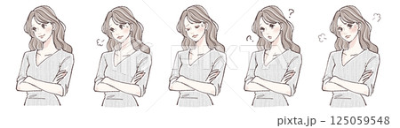 腕を組む・悩み・考える・迷い・怒りを表現する女性の表情5点イラストセット 腕を組む・悩み・考える・迷い・怒りを表現する女性の表情5点イラストセット 125059548