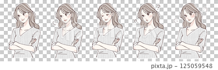 腕を組む・悩み・考える・迷い・怒りを表現する女性の表情5点イラストセット 腕を組む・悩み・考える・迷い・怒りを表現する女性の表情5点イラストセット 125059548