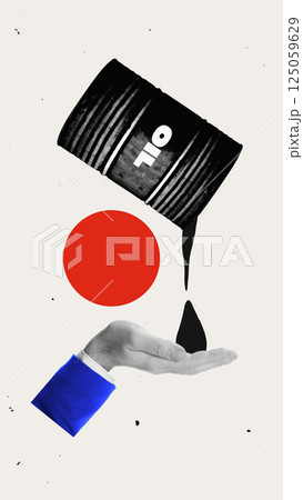 Oil pouring drop onto human hand from barrel. High value of oil, controlled distribution, dependence. Oil pouring drop onto human hand from barrel. High value of oil, controlled distribution, dependence. 125059629
