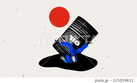 Man sinking into spilled oil from barrel, devastating impact of oil market instability on individuals. 125059632