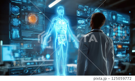 A doctor carefully examines a virtual x-ray projection with focused attention. The integration of advanced technology in medical diagnostics. Generative AI. 125059772