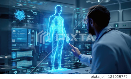 A doctor carefully examines a virtual x-ray projection with focused attention. The integration of advanced technology in medical diagnostics. Generative AI. 125059773
