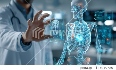 A doctor carefully examines a virtual x-ray projection with focused attention. The integration of advanced technology in medical diagnostics. Generative AI. 125059780
