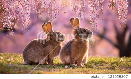 満開の桜を背景にした茶色い2羽のうさぎ 125059807