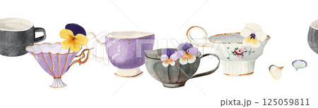 Hand-drawn watercolor border with porcelain and ceramic mugs, gold accents, and blooming viola flowers. Ideal for invitations, packaging, scrapbooking, and vintage floral designs 125059811
