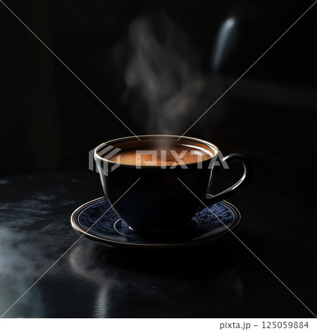 Steaming Cup of Black Coffee in the Dark with Moody Lighting 125059884