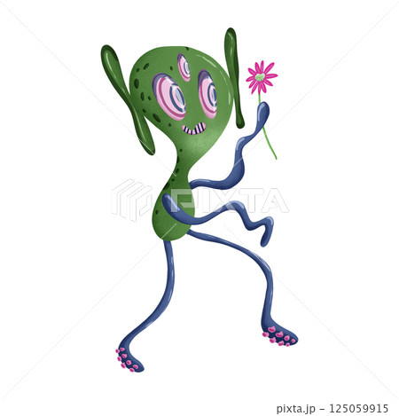 Cute illustration of a friendly alien holding a flower with a kind expression. Hand-drawn digital art, children’s book style. Perfect for kids' designs, fantasy themes, nursery prints, greeting cards 125059915