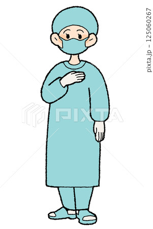 手描き風 手術服の女性医師 胸に手を置く 手描き風 手術服の女性医師 胸に手を置く 125060267