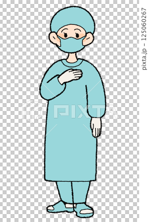 手描き風 手術服の女性医師 胸に手を置く 手描き風 手術服の女性医師 胸に手を置く 125060267