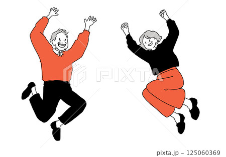 ジャンプするシニア夫婦 125060369