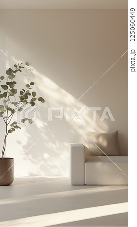 Minimalist White Room with Sofa, Eucalyptus, and Light Yellow Floor Minimalist White Room with Sofa, Eucalyptus, and Light Yellow Floor 125060449