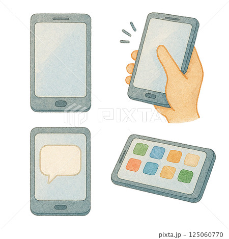 スマートフォンの操作や画面を表現した水彩風イラストセット 125060770