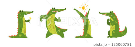 Funny Green Crocodile or Gator Animal in Different Activity Vector Set 125060781