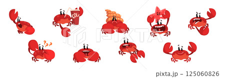 Funny Red Crab Character with Claws Vector Set 125060826