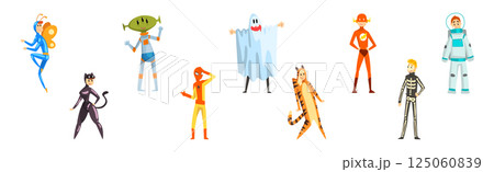 Man and Woman Character Wearing Masquerade Costume and Fancy Outfit Vector Set 125060839