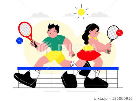 Vector illustration of a Tennis Player Holding a Racket with a Ball on the Court during a Sports Match in a Flat Cartoon Style Background 125060916