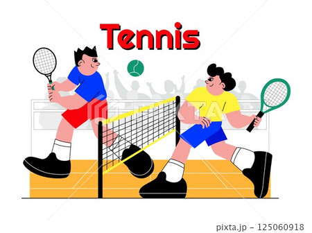Vector illustration of a Tennis Player Holding a Racket with a Ball on the Court during a Sports Match in a Flat Cartoon Style Background 125060918
